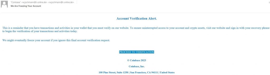 Sample phishing email that targets Coinbase users