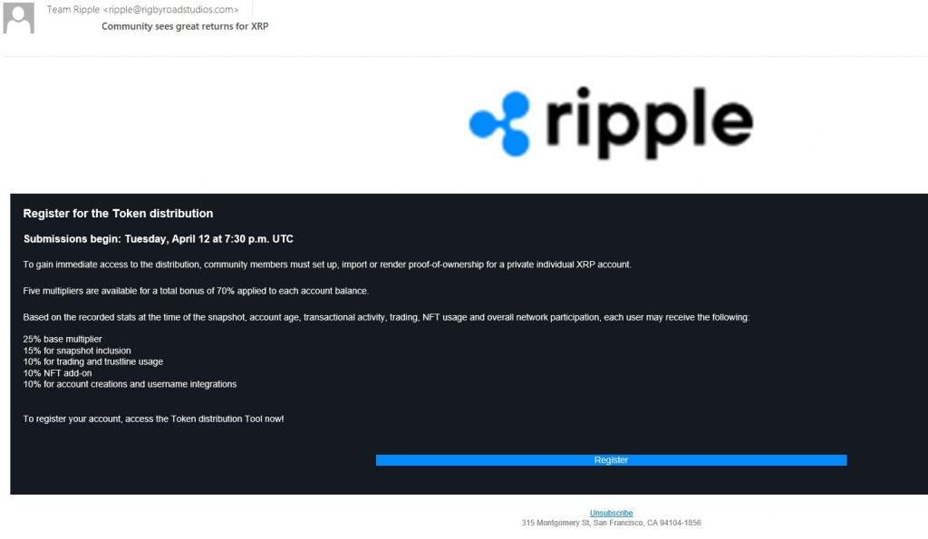 Phishing email pretending to be from Ripple cryptocurrency exchange