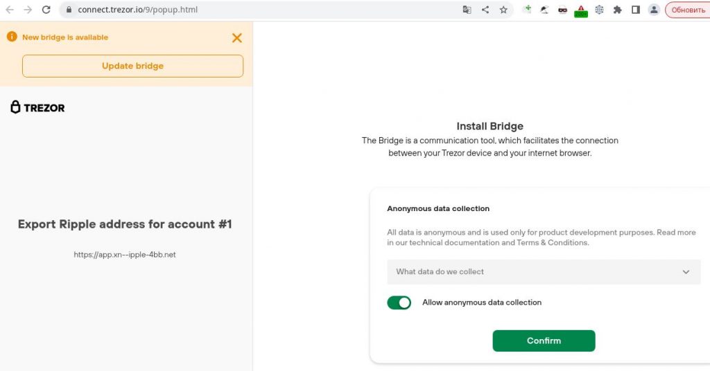 Trezor Connect: confirming the connection to the scam site
