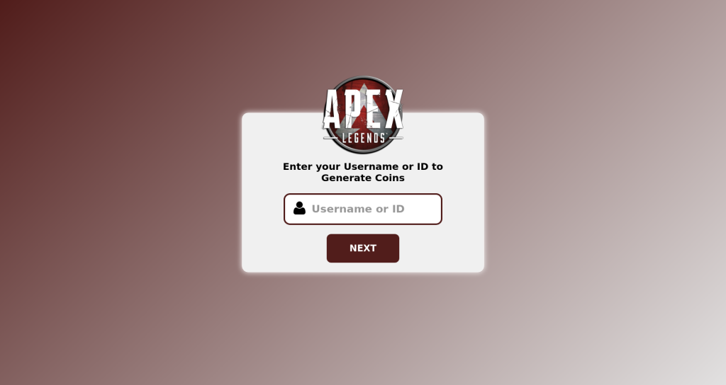 The Fake Apex Legends website that invited players to take part in a giveaway of in-game coins. Once the player typed in their username and password, scammers got access to his account