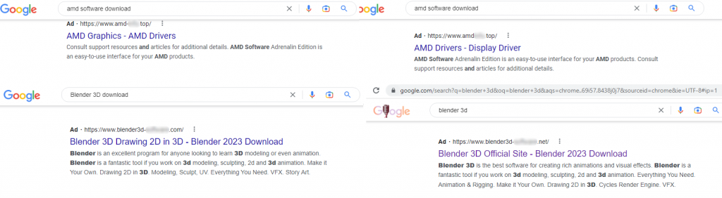 Fake AMD and Blender 3D websites in search results